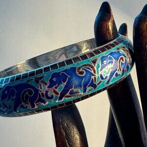Cloisonné Hand Created Elephant Bangle Bracelet | Blue | 925 Silver | NWT